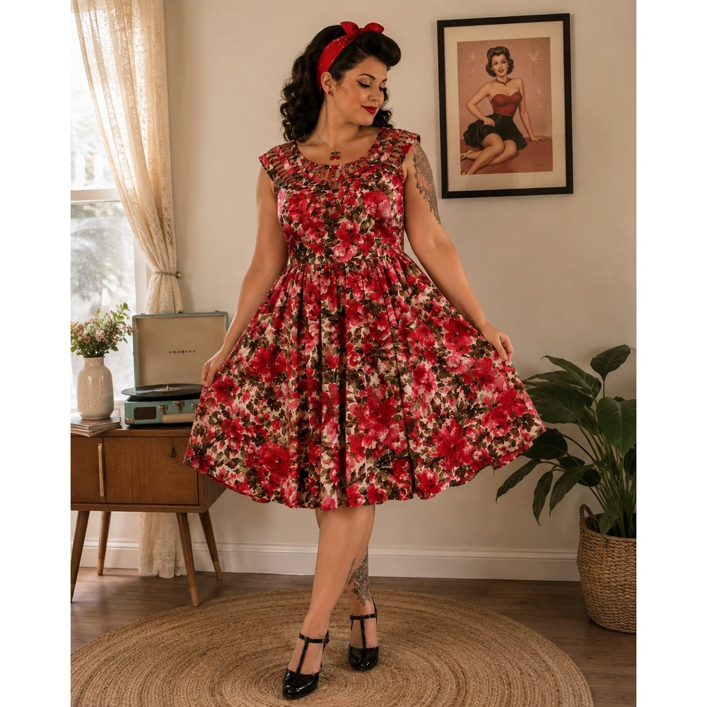 Unique Vintage Pink Floral Rose Cage Neckline Fit & Flare Retro Dress XL